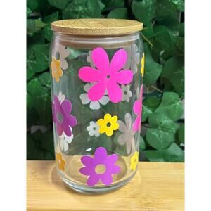 Pink & Yellow Flower Color Changing Glass Can w/ Bamboo Lid & Glass Straw 16oz
